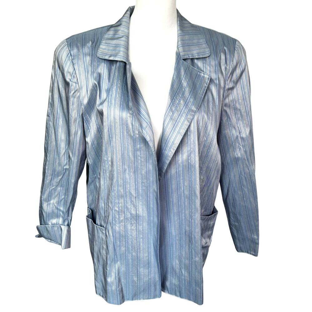 LINDA ALLARD ELLEN TRACY NWT Women's‎ 14 100% Silk Blue Stripe Light Open Jacket
